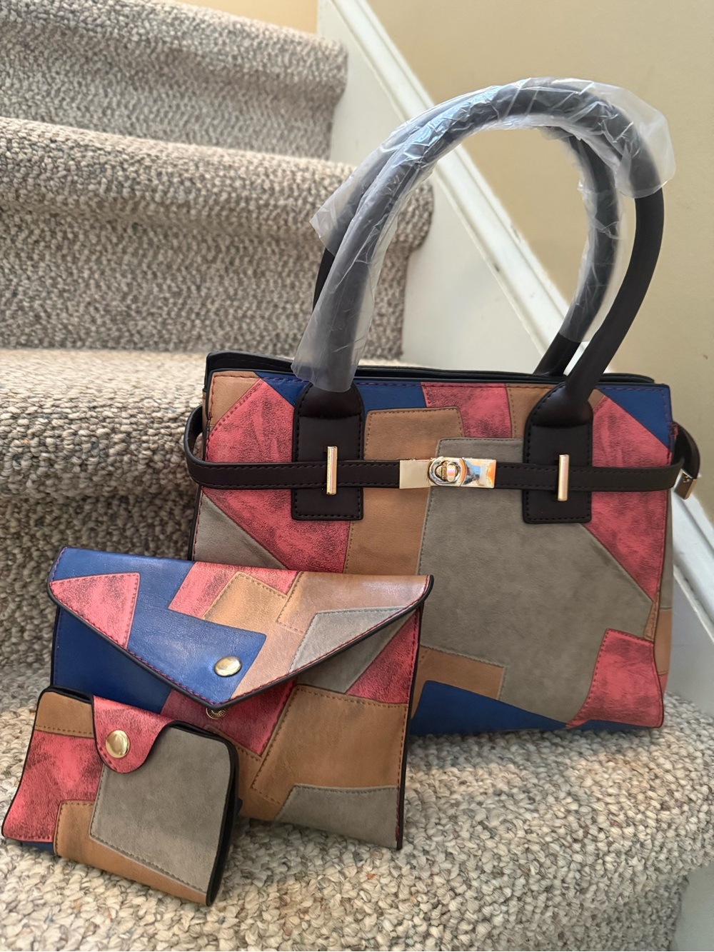 3pc Patchwork Design Handbag Set - Picture 2 of 2